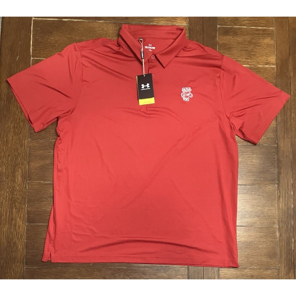 Wisconsin Badgers NCAA Under Armour UPF 50 Men's Red 2XL Polo Shirt NWT